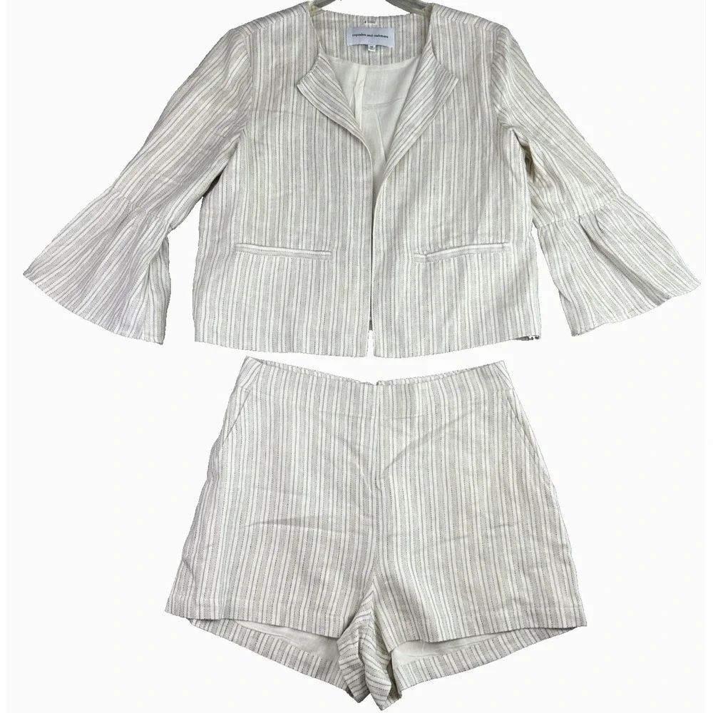 cupcakes & cashmere Cream and Taupe Striped Linen Short and jacket  Set